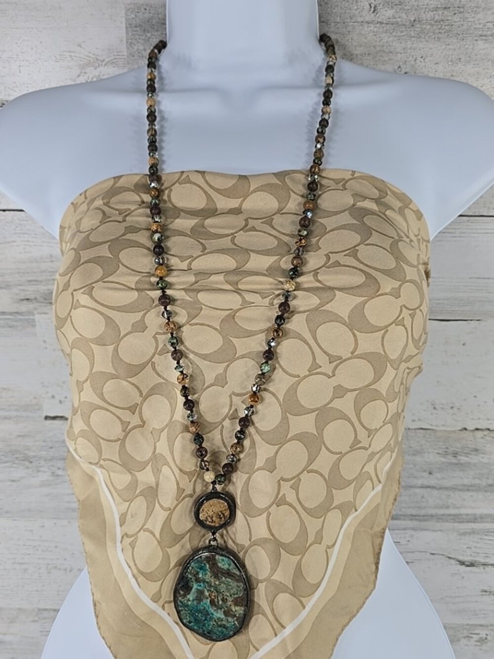 Boho Beaded Long Necklace Double Stone Pendant Brown Green Turquoise Multicolor.